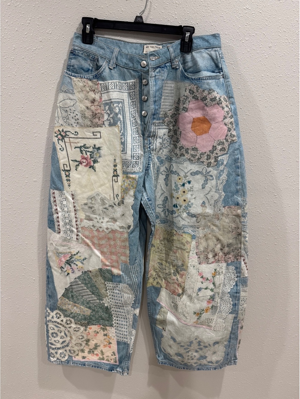 Free People We The Free Illusions Patchwork Barrel Jeans Size 30 Indigo Boho